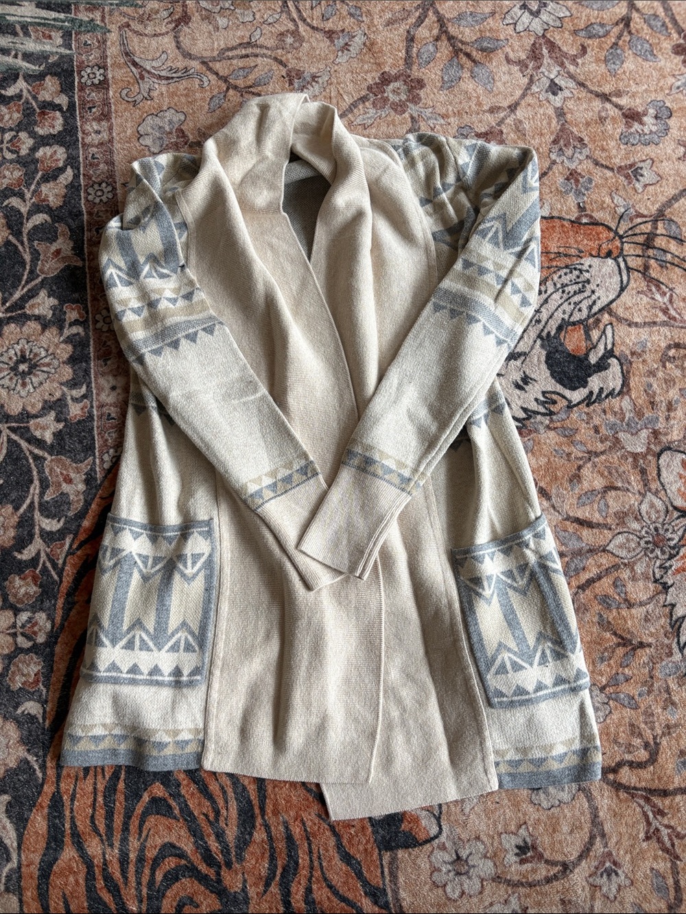 Neutral Beige Open-Front Women's Cardigan with Patterned Trim